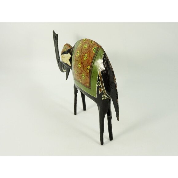 Good Luck Trunk Up Elephant Metal Black Sculpture Folk Art Style Hand Painted - Picture 2 of 8